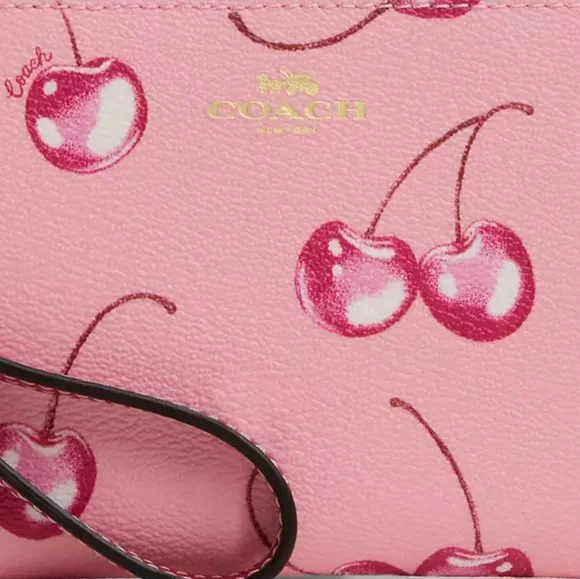 Coach Corner Zip Wristlet with Cherry Print Gold/Flower Pink/Bright Violet - Picture 3 of 7